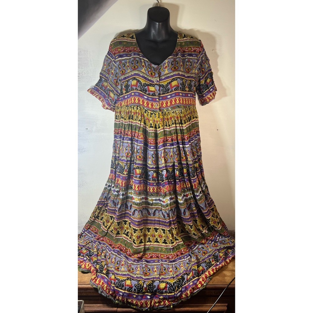 Vtg PAPILLON 70s 80s Bohemian elephant India Crinkle Gauze  Dress S/M core regal
